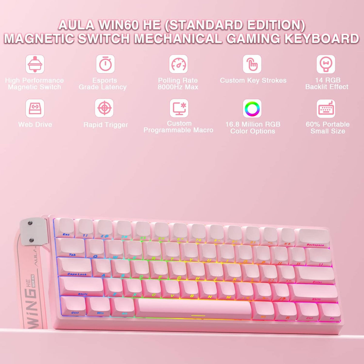 Pink mechanical gaming keyboard showing colorful RGB underglow across the keys