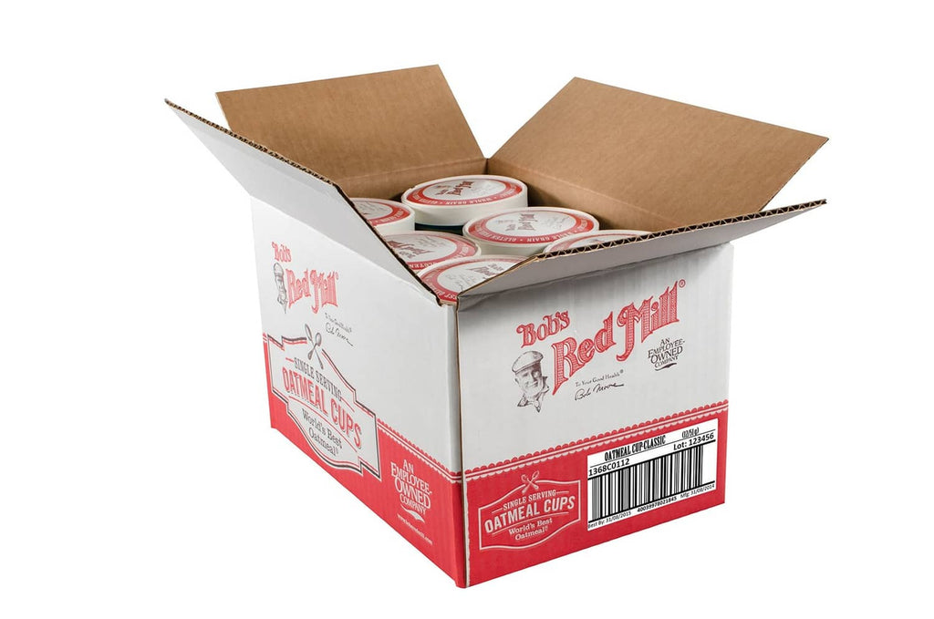 Open cardboard box of classic gluten-free oatmeal cups, 12-pack with visible cups