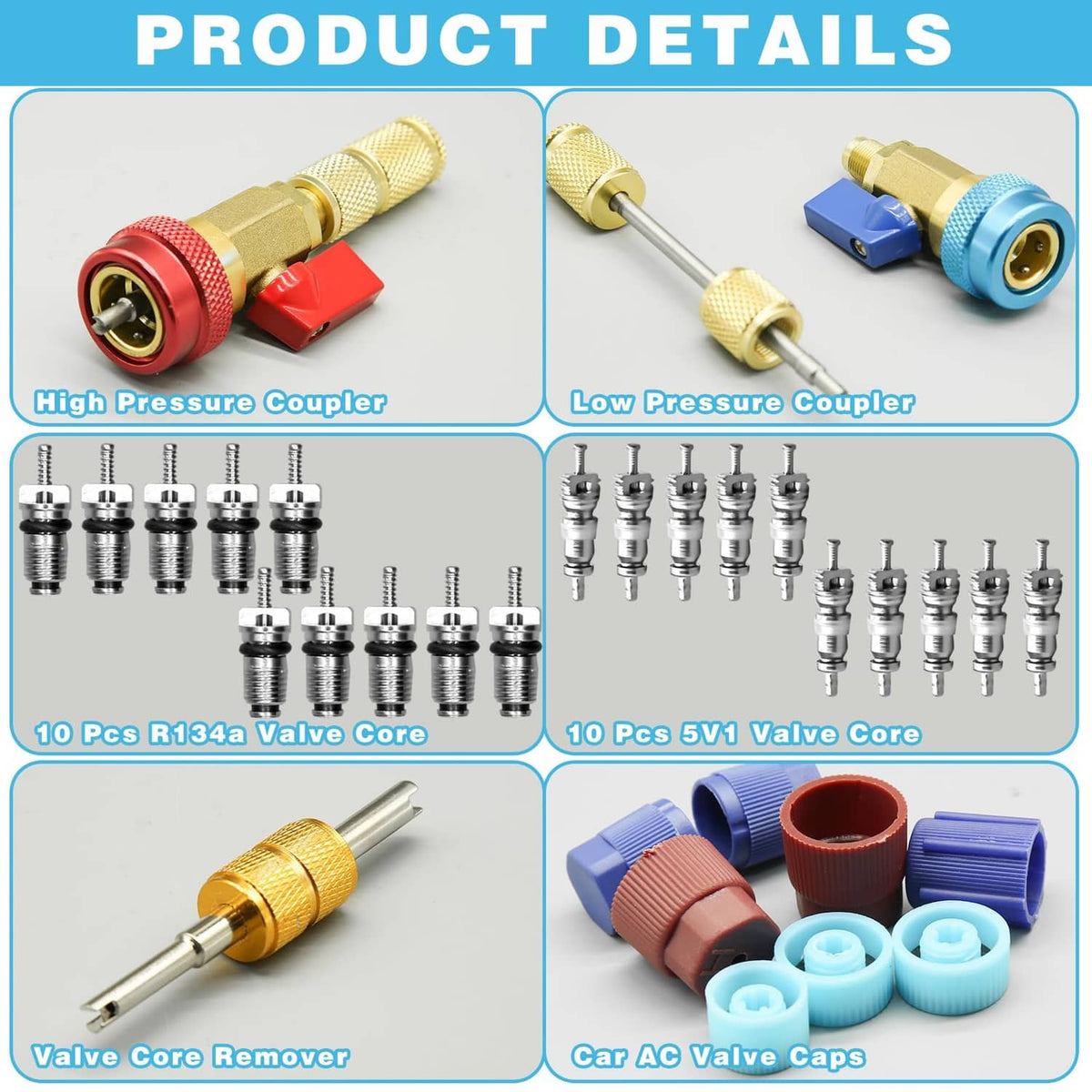 Valve core remover set with brass couplers, valve cores, and blue/red AC valve caps