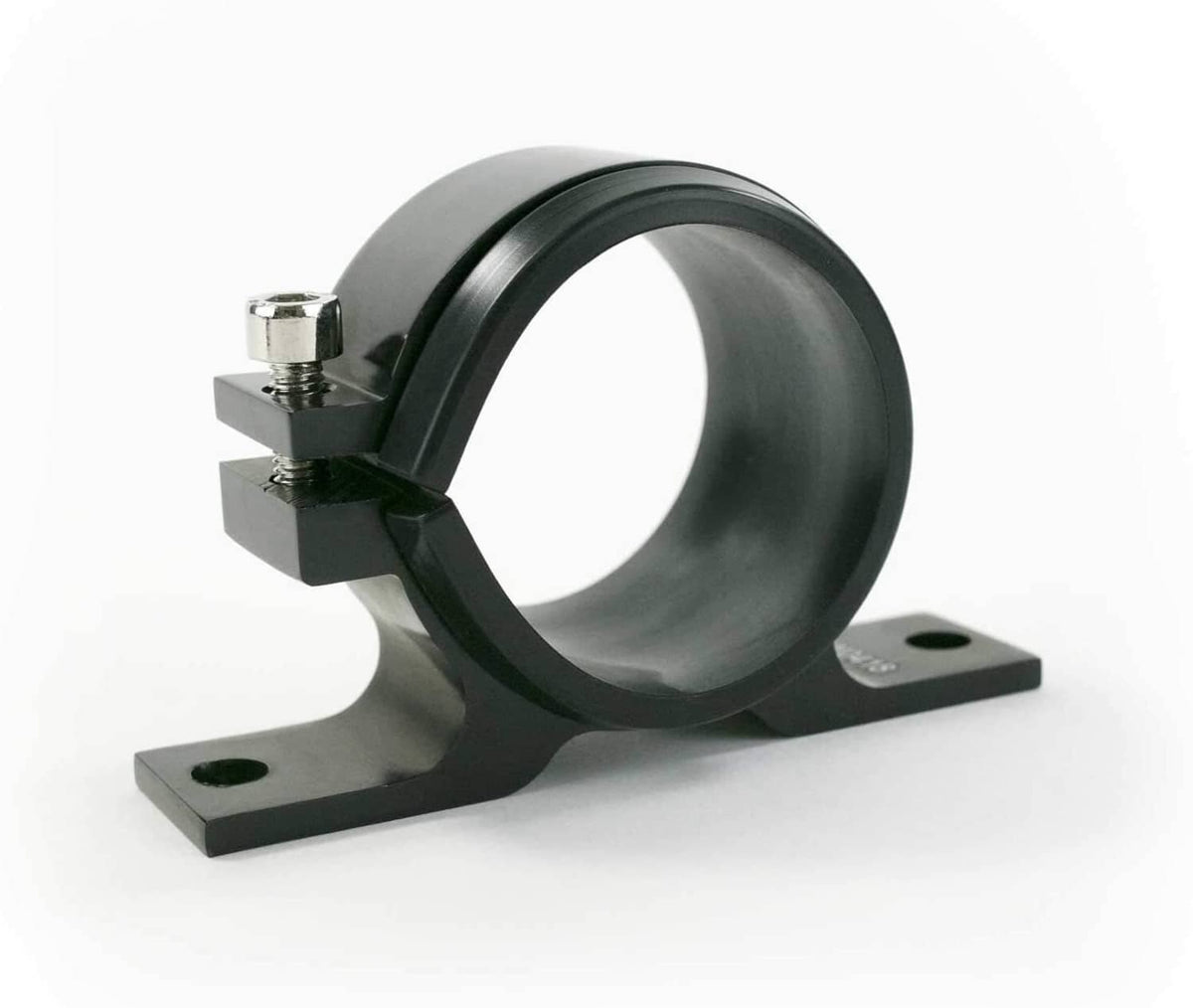Inline fuel filter mounting bracket with black cylindrical canister and metal clamp base