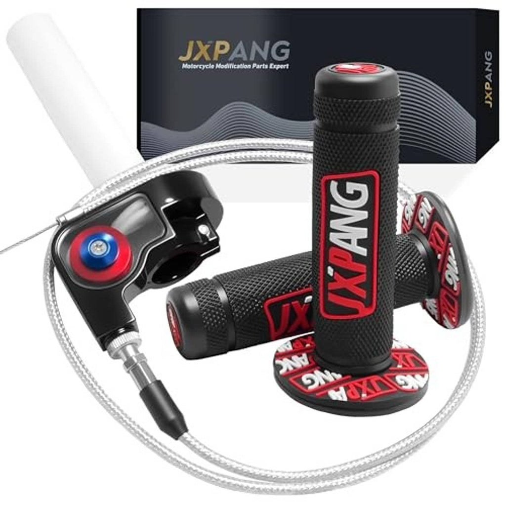Motorcycle throttle twist grip set with black handle, red branding, and braided throttle cable