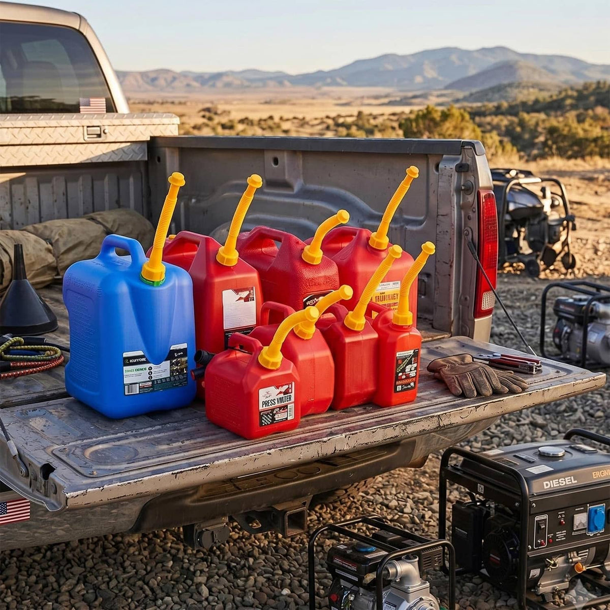 Yellow gas can spout attachments on red fuel cans in a pickup truck bed