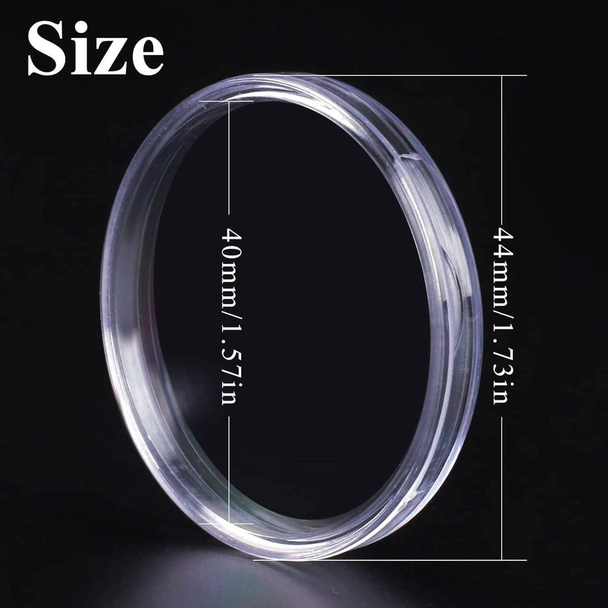 Clear plastic coin capsule holder, oval shape with size markings for 40 mm coin