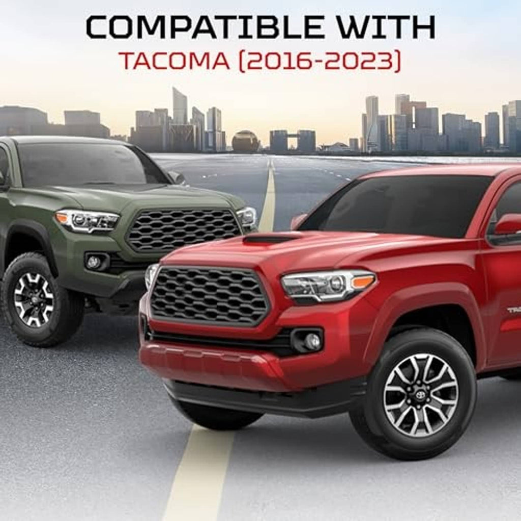 Black door handle covers installed on a Toyota Tacoma exterior, matching handle contours.