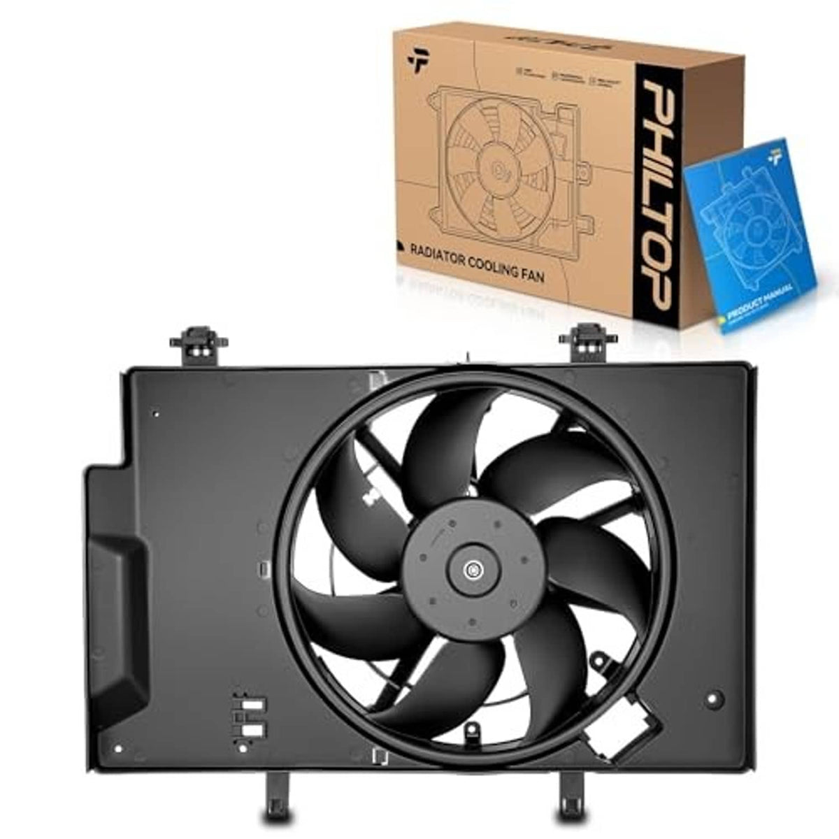 Black radiator cooling fan assembly with multi-blade impeller, box packaging included.