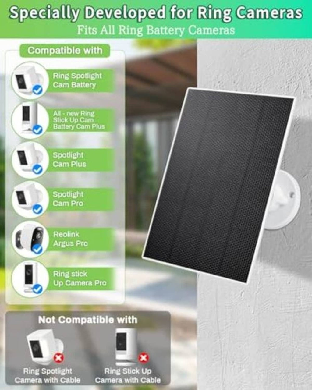 Solar panel charger with wall mount, compatible with Ring battery cameras
