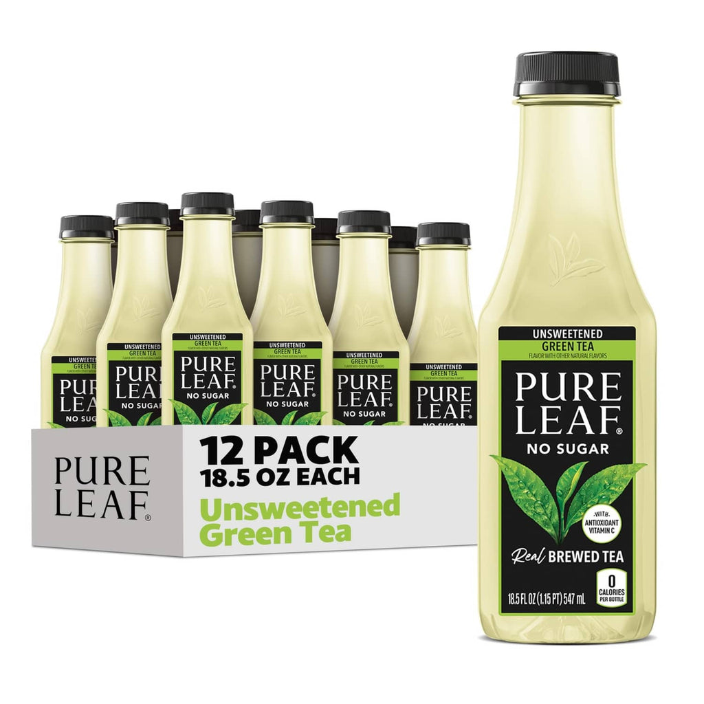Pure Leaf unsweetened green tea bottle with black cap and no sugar label
