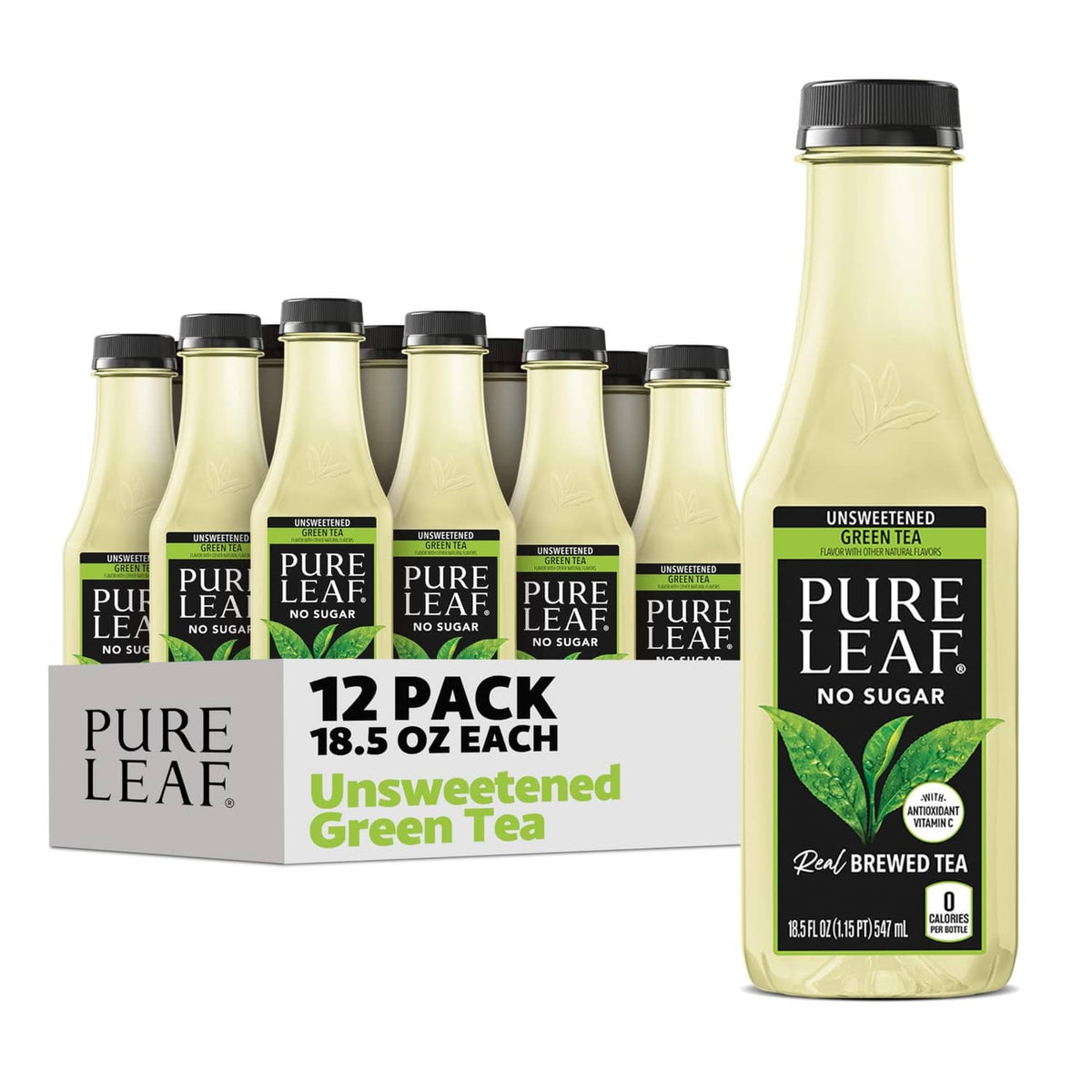Pure Leaf unsweetened green tea bottle with black cap and no sugar label