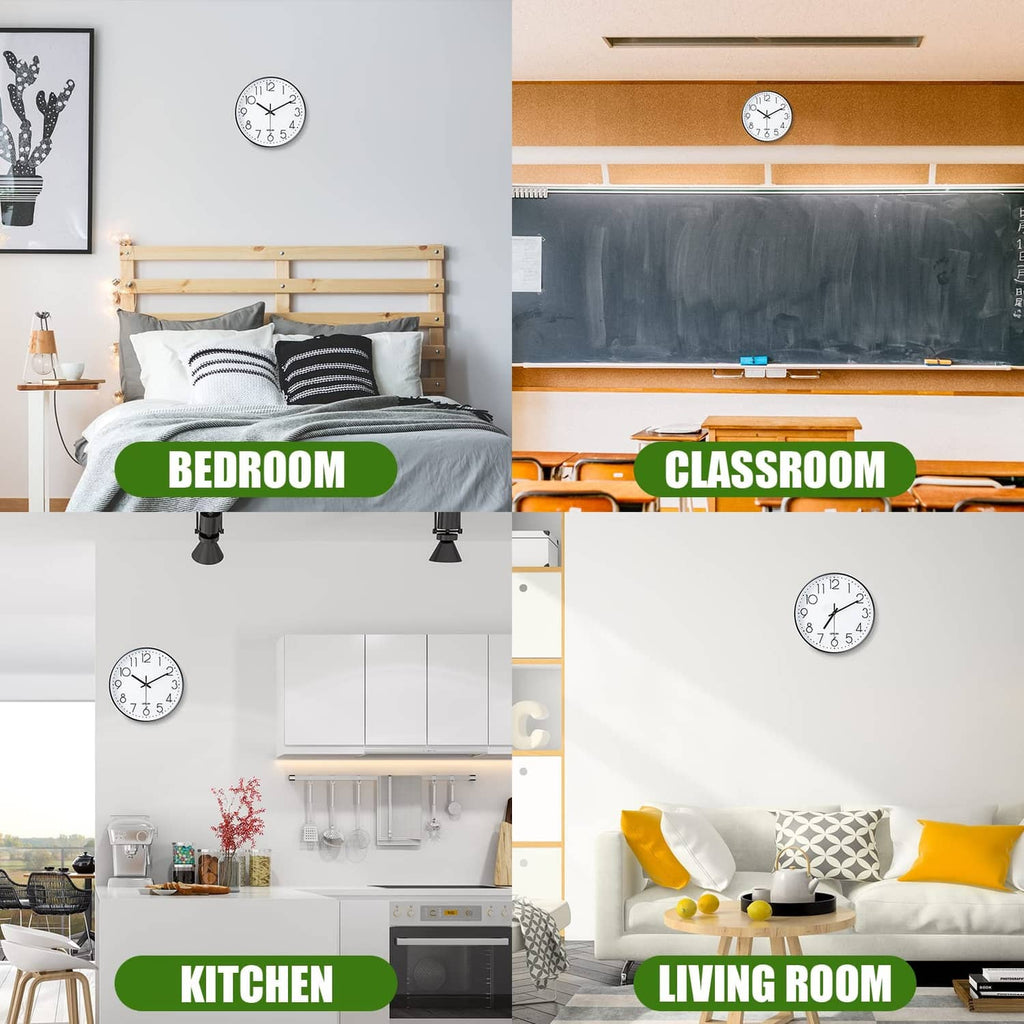 Small wall clocks with white dials and black rims shown in room scenes