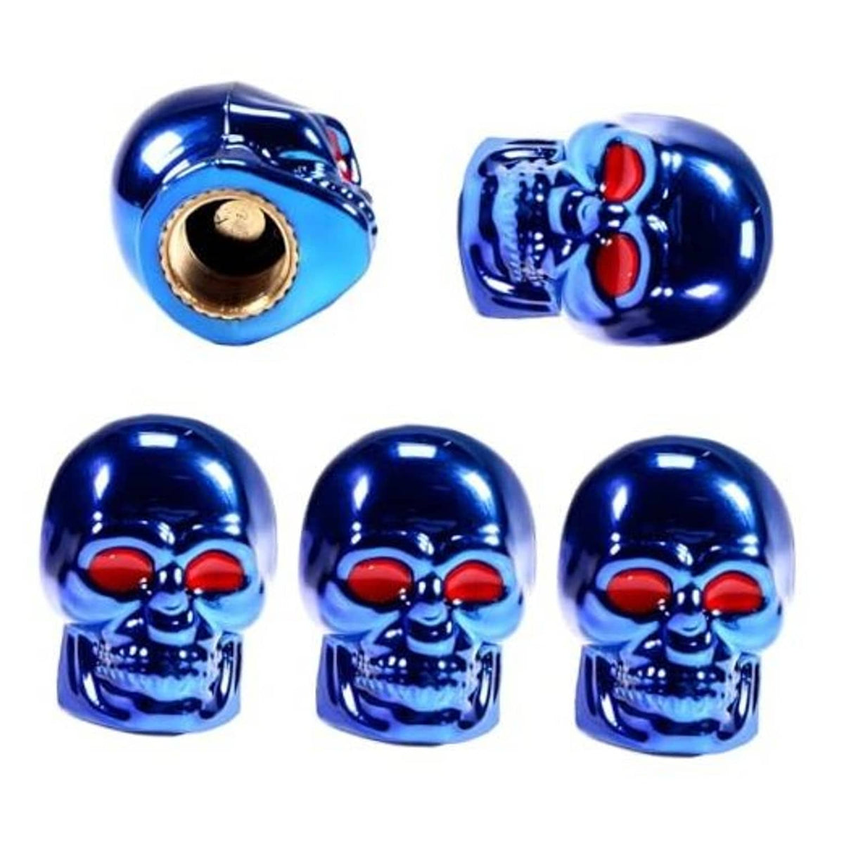 Blue skull tire valve caps with red eye accents and glossy chrome finish, two shown