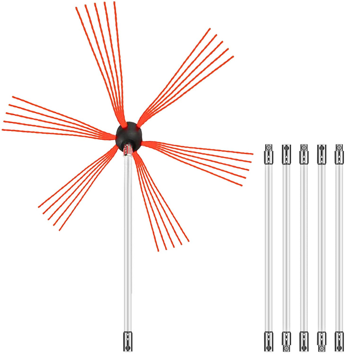 Chimney sweep kit brush head with red bristles and 20ft straight rod sections