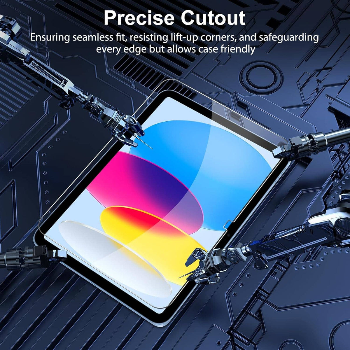 Tempered glass screen protector with precise edge cutouts, case-friendly rounded fit