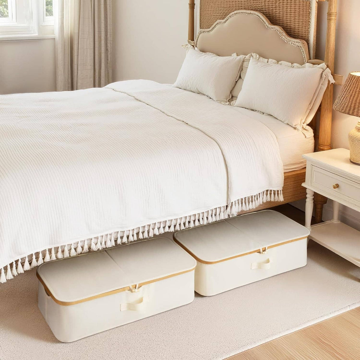 Under-bed storage bins, white with tan trim, hinged lids and beige insert panels