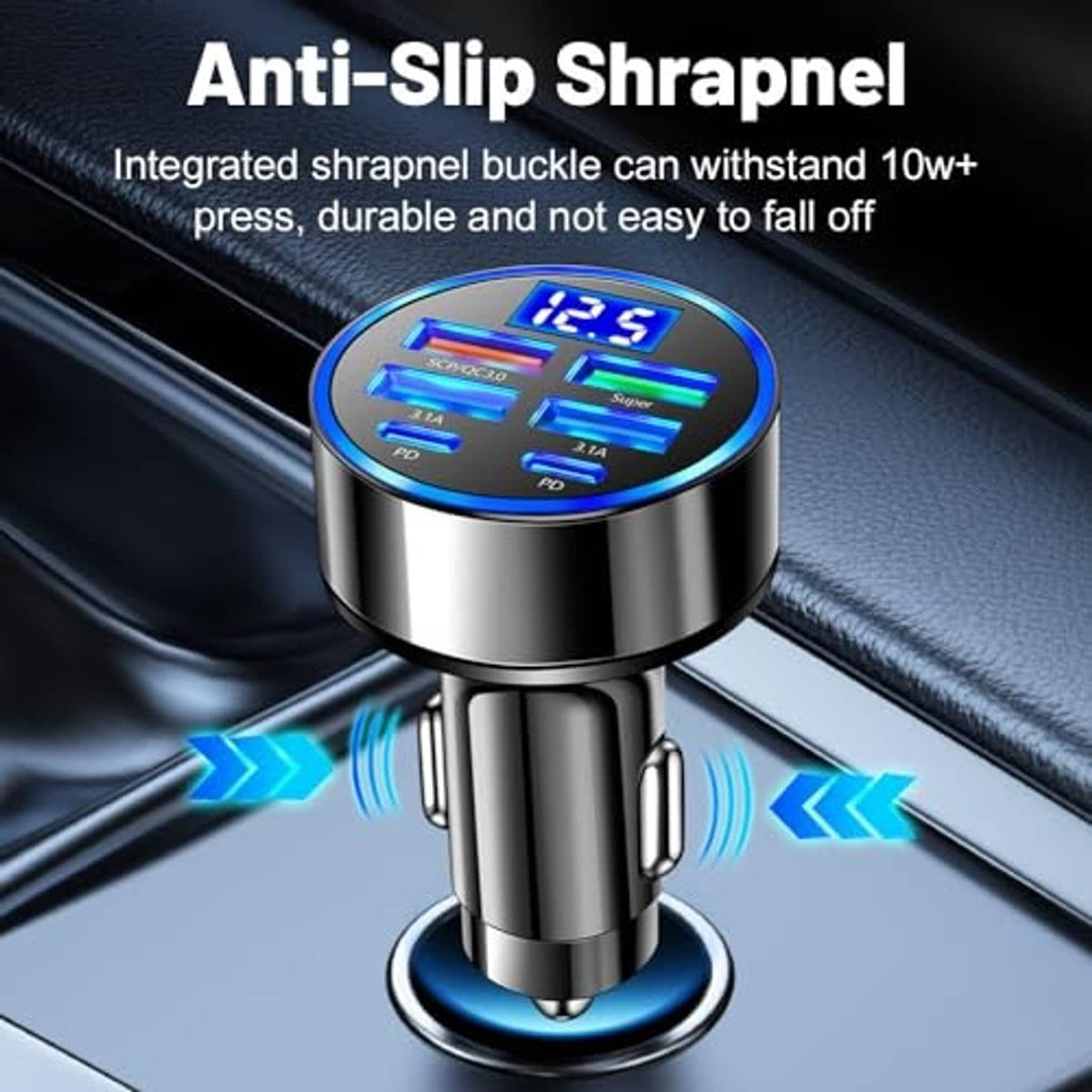 USB-C car voltmeter charger with blue LED voltmeter display and compact chrome body.