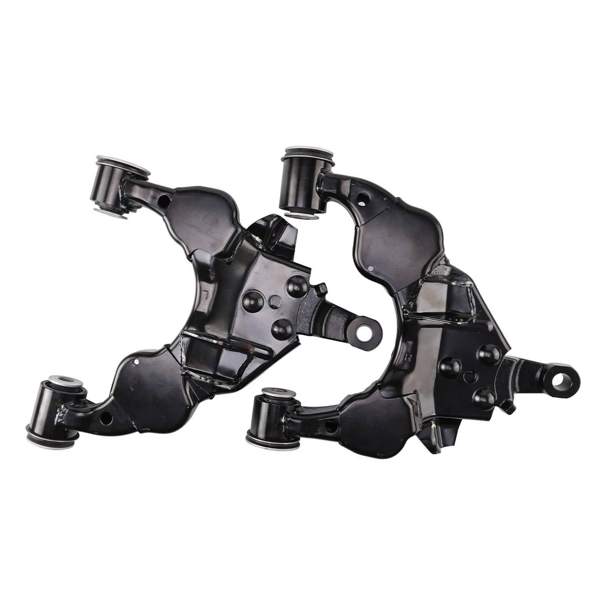 Front lower control arm pair, black A-arms with bushings, brackets, and joint housings