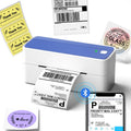 Blue and white thermal label printer with shipping labels coming out
