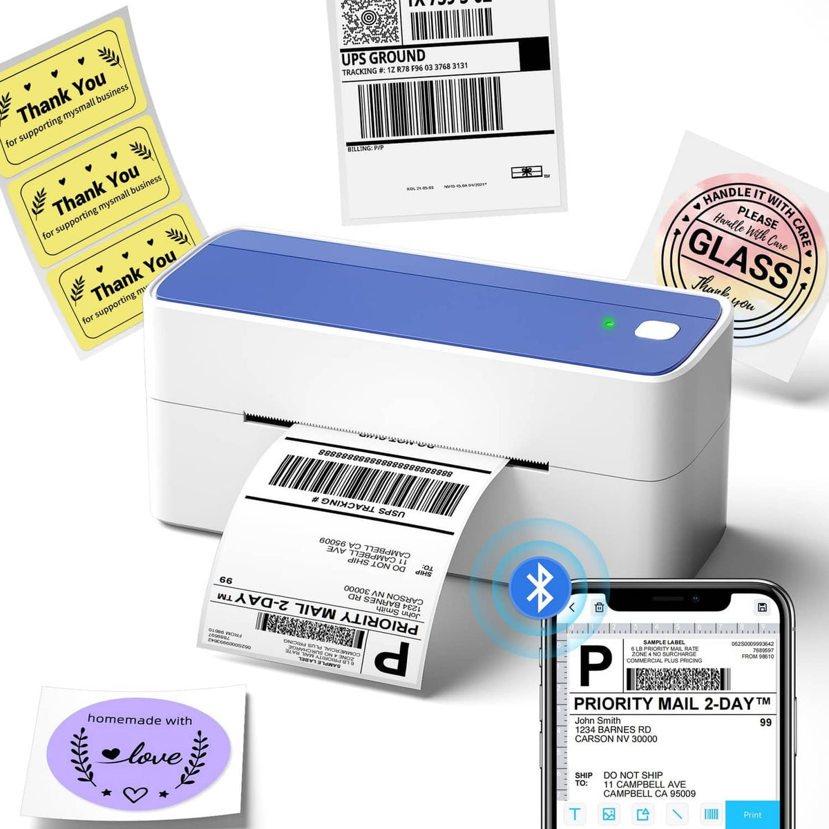 Blue and white thermal label printer with shipping labels coming out