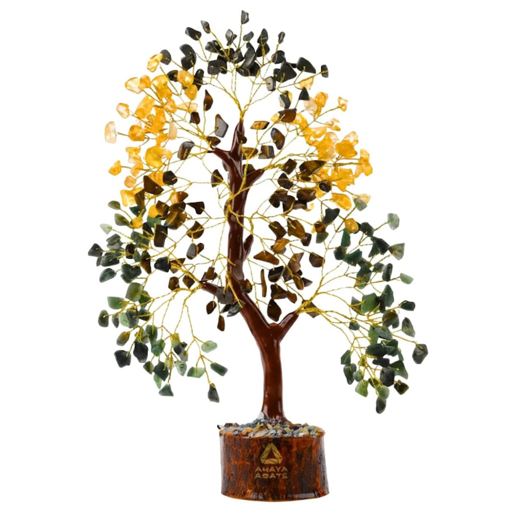 Golden wire crystal money tree with amber and green leaf stones, wooden base