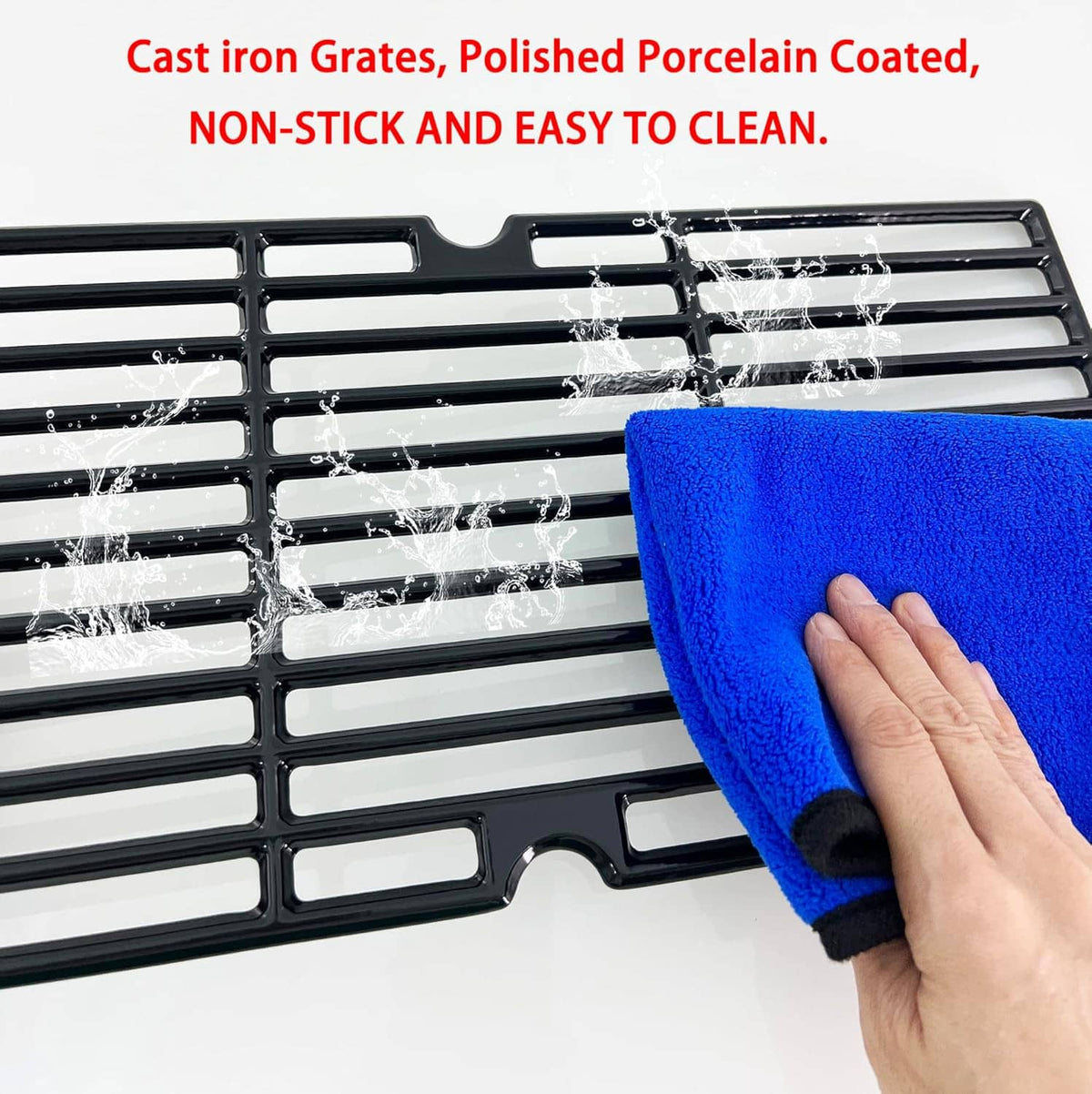 Porcelain-coated cast iron cooking grate being wiped with a blue cleaning cloth