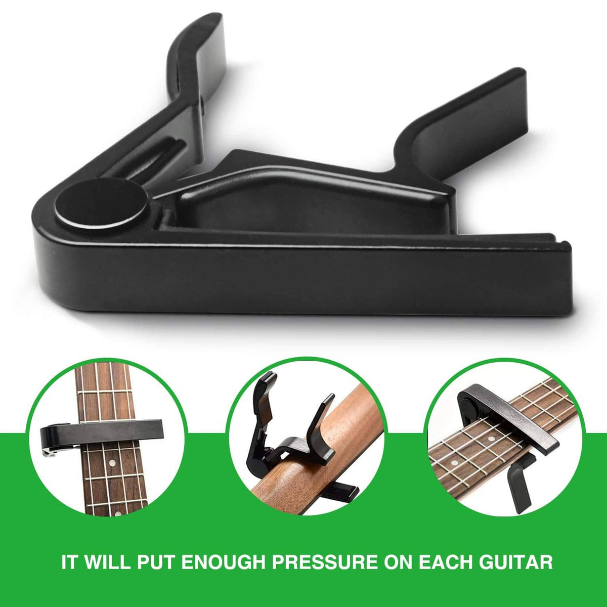 Black guitar capo with base plate, prongs, and top pressure bar