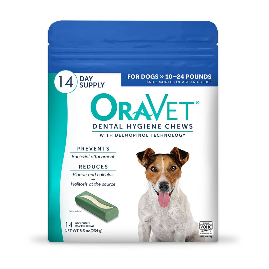 OraVet dental hygiene chews bag, green package with 14-count for small dogs