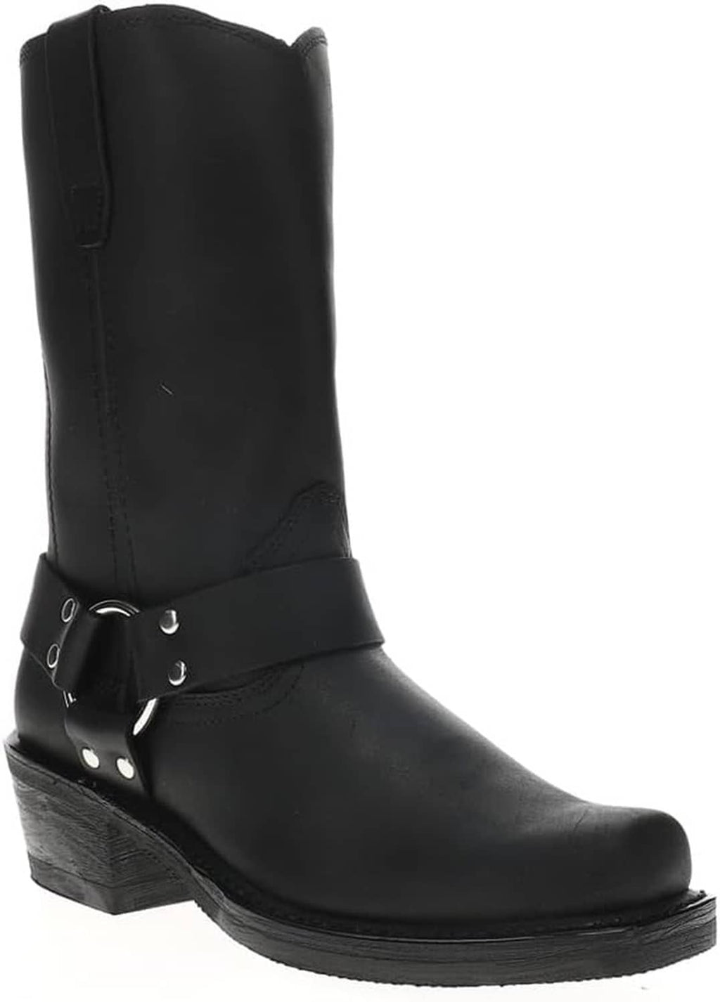 Women’s western harness boot, black mid-calf with side harness strap and silver studs