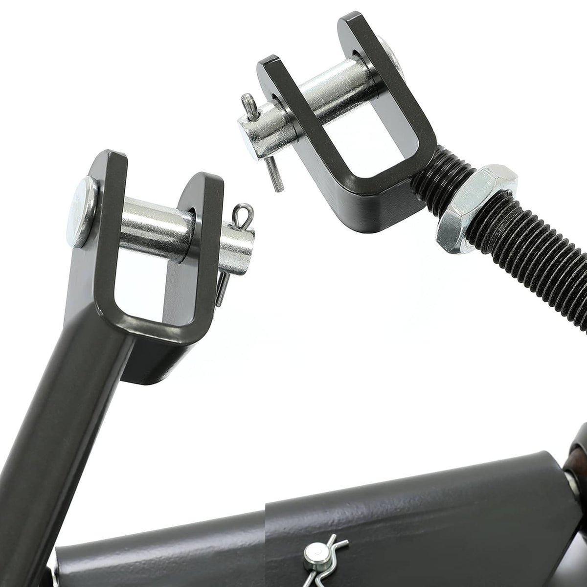 Black hitch arm end with pin holes, threaded shaft, and mounting bracket hardware