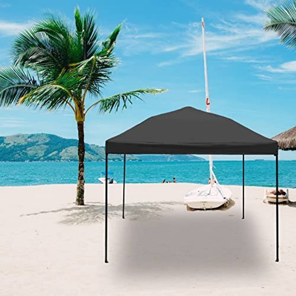 Black pop-up canopy top with peaked roof on four-leg frame
