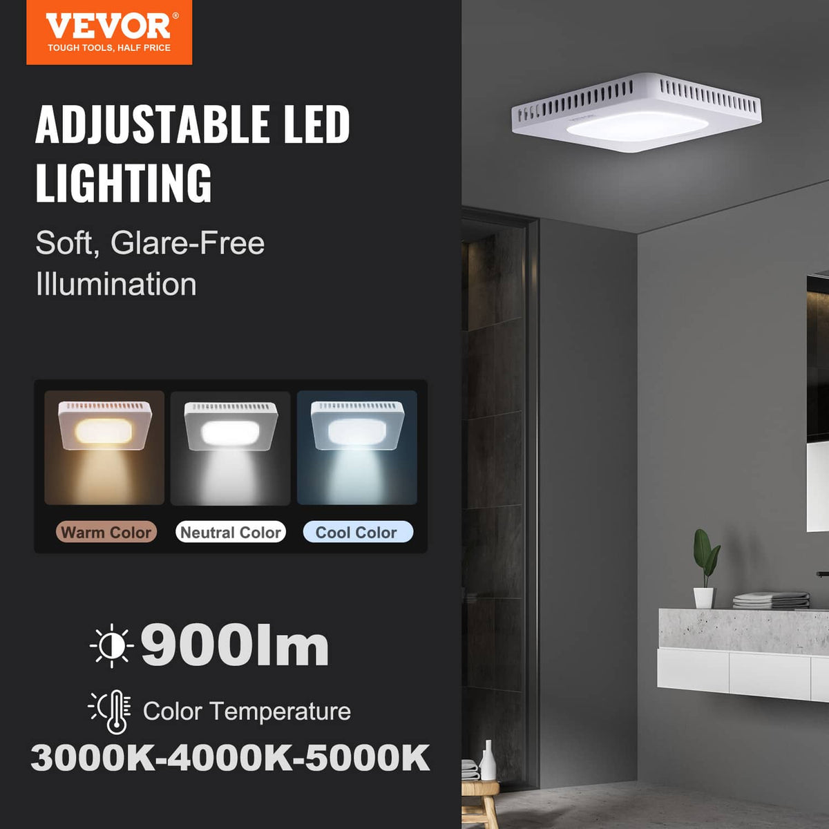 Ceiling-mounted bathroom exhaust fan with adjustable LED light showing soft glow