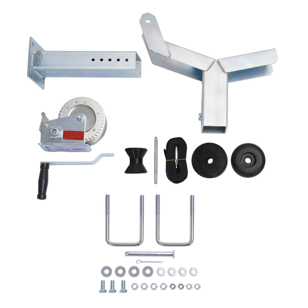 Winch stand kit with frame brackets, hand winch, rollers, and fasteners