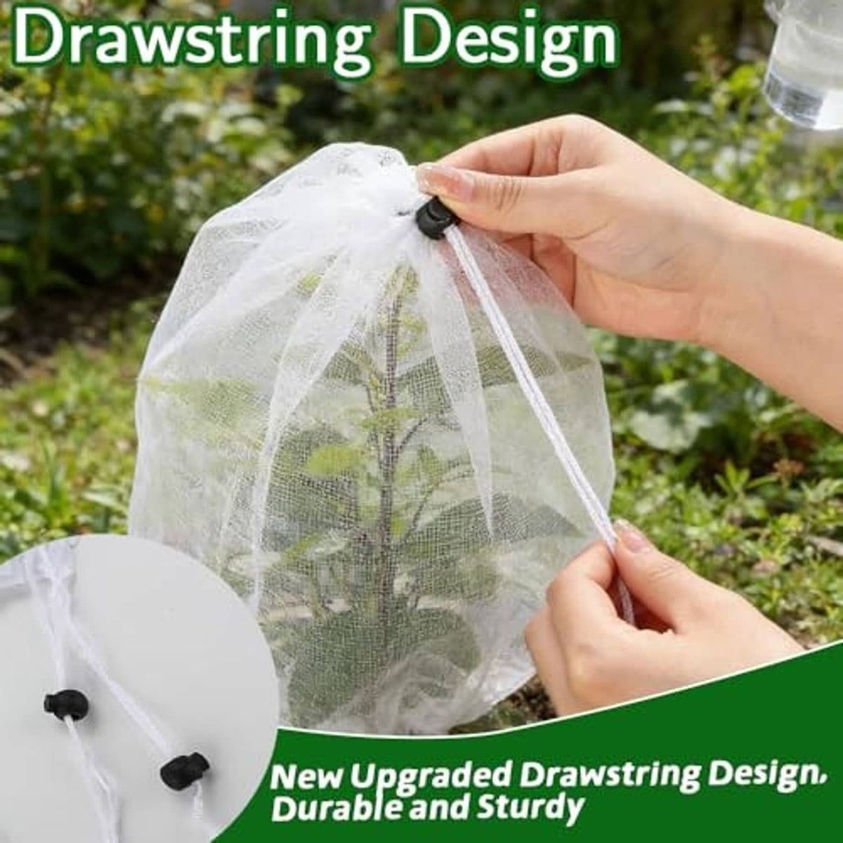 Clear white mesh drawstring plant netting cover held open by hands