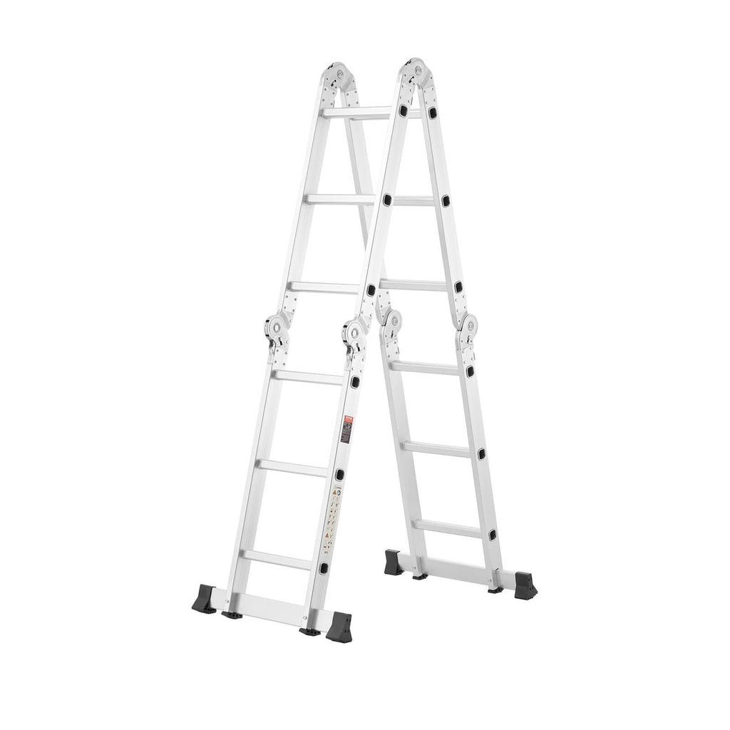White 3-step folding A-frame ladder with black rubber feet, fully extended