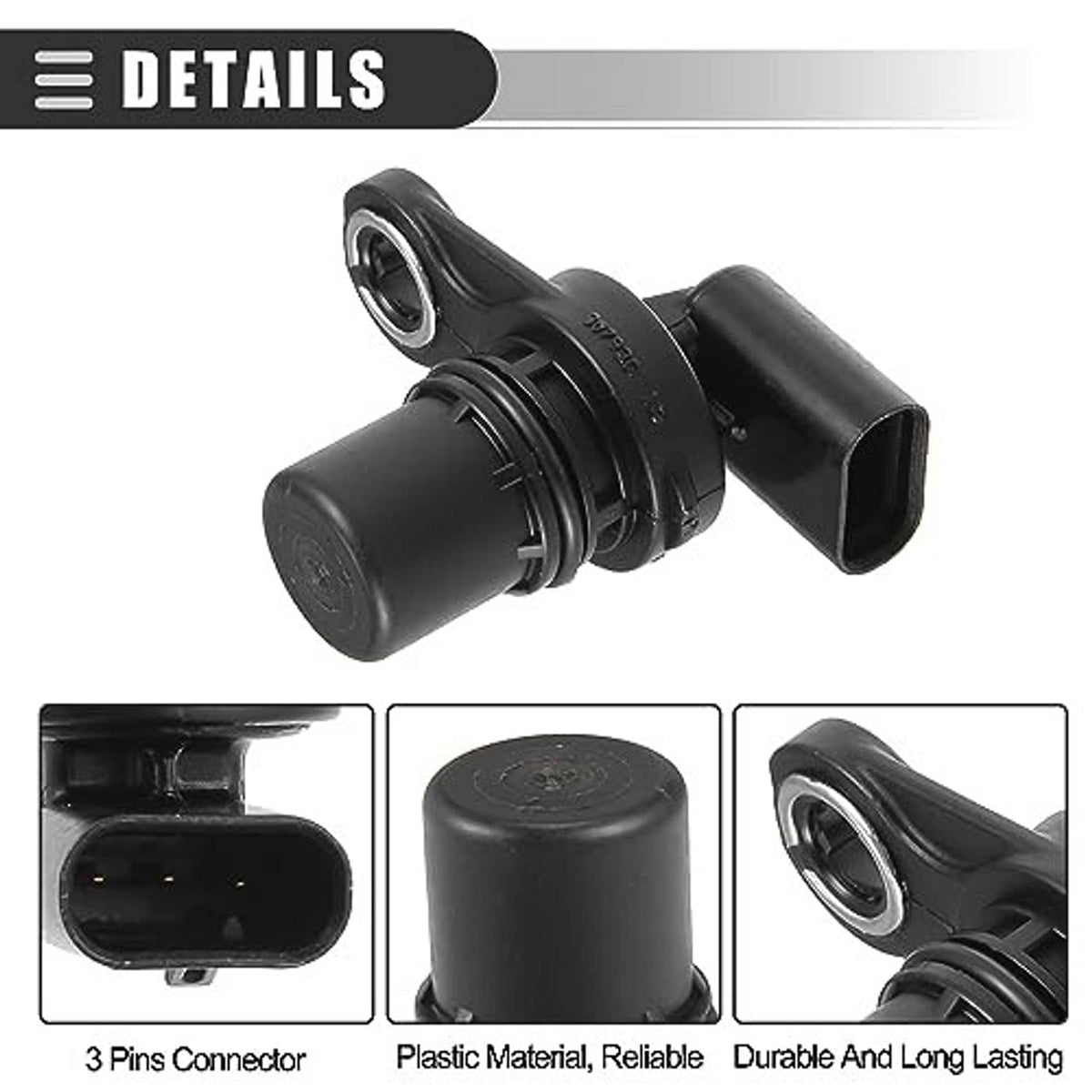Black camshaft position sensor with 3-pin connector and round sensor body