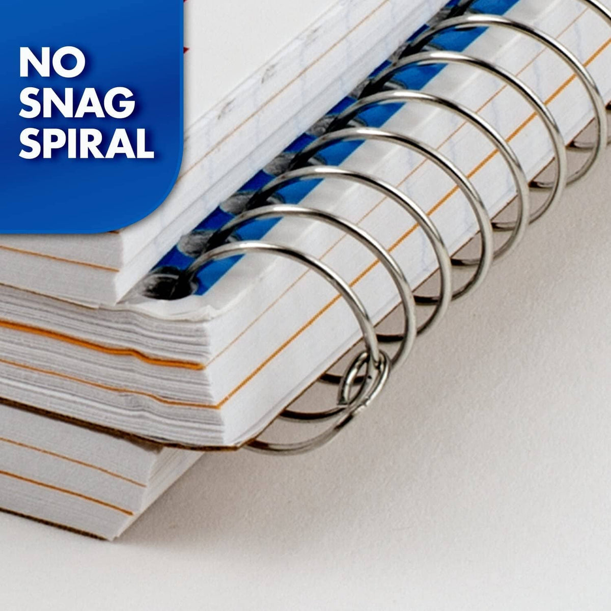 Spiral notebook corner showing no snag coil and lined pages