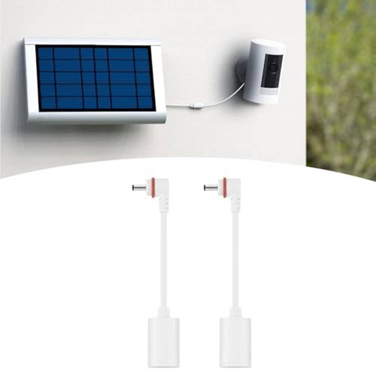 USB-C to barrel plug adapter cable with solar panel and wall-mounted camera power unit