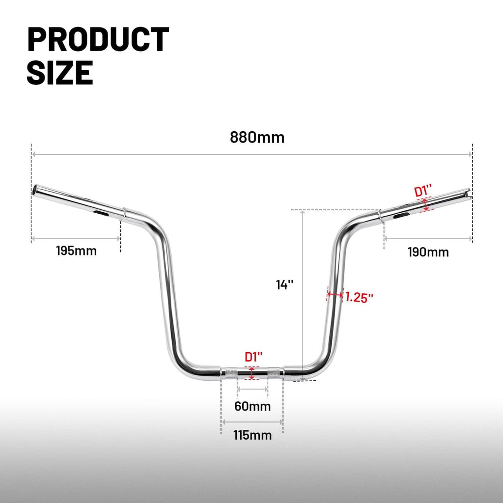Handlebar size diagram showing overall width and rise measurements