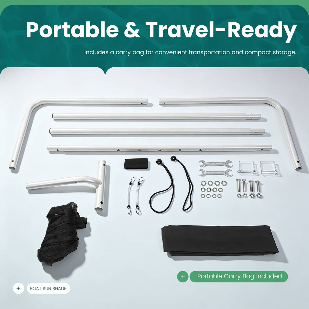 Boat sun shade kit with aluminum poles, black cover, hardware, and carry bag