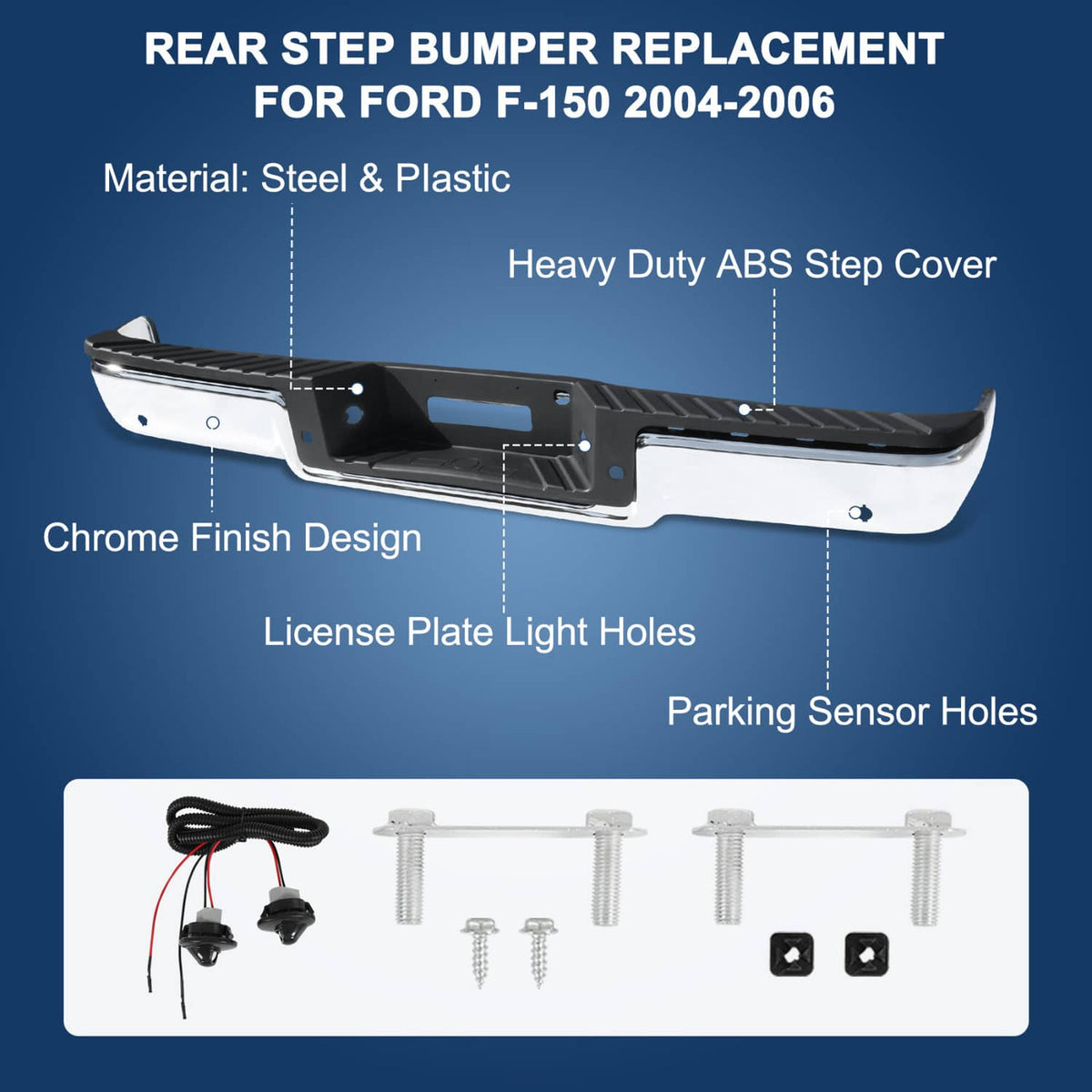 Rear step bumper replacement kit with steel and plastic cover plus mounting screws and sensors