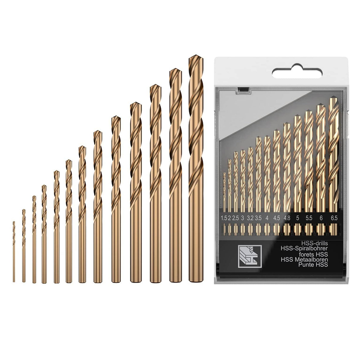 13-piece twist drill bit set with gold HSS cobalt-steel bits in blister tray