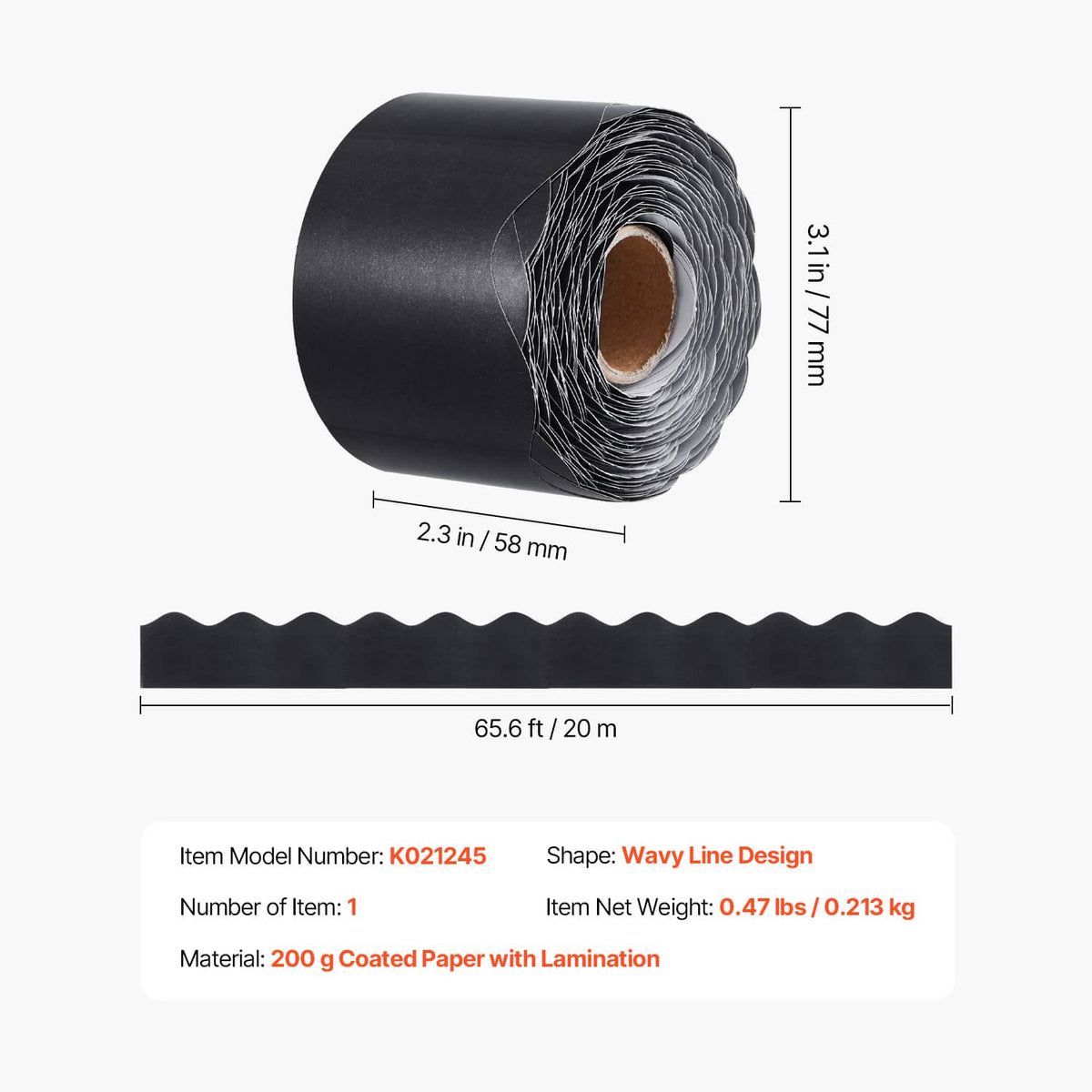Black rolled scalloped border trim with wavy edge strip and size diagram
