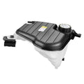 Engine coolant reservoir tank with black ribbed top, round cap, and white plastic body.