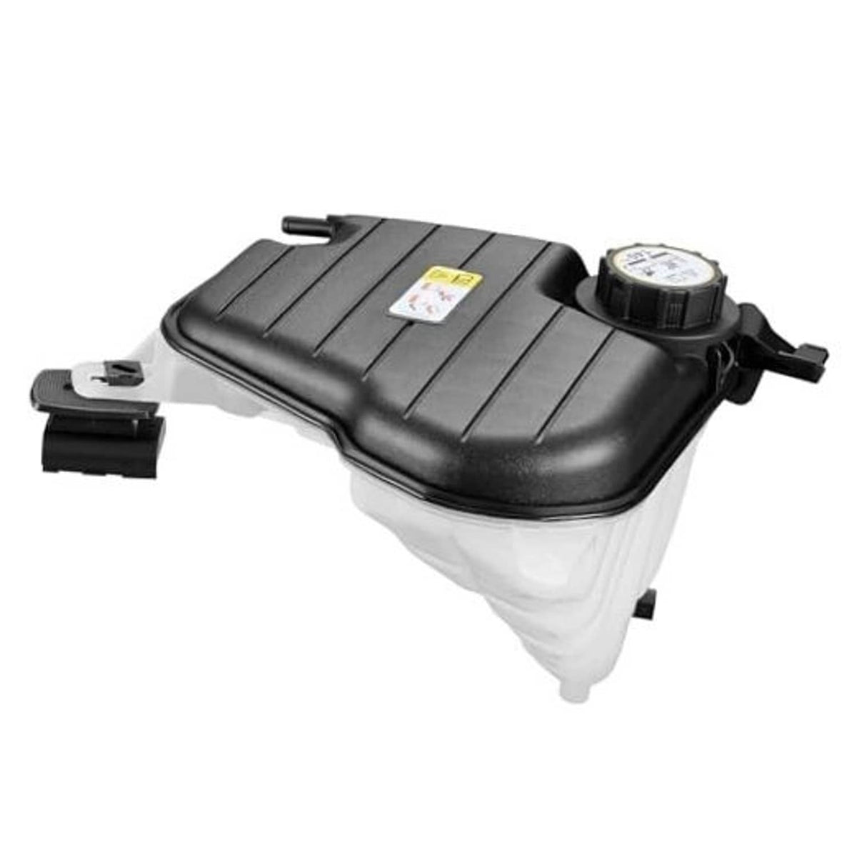 Engine coolant reservoir tank with black ribbed top, round cap, and white plastic body.