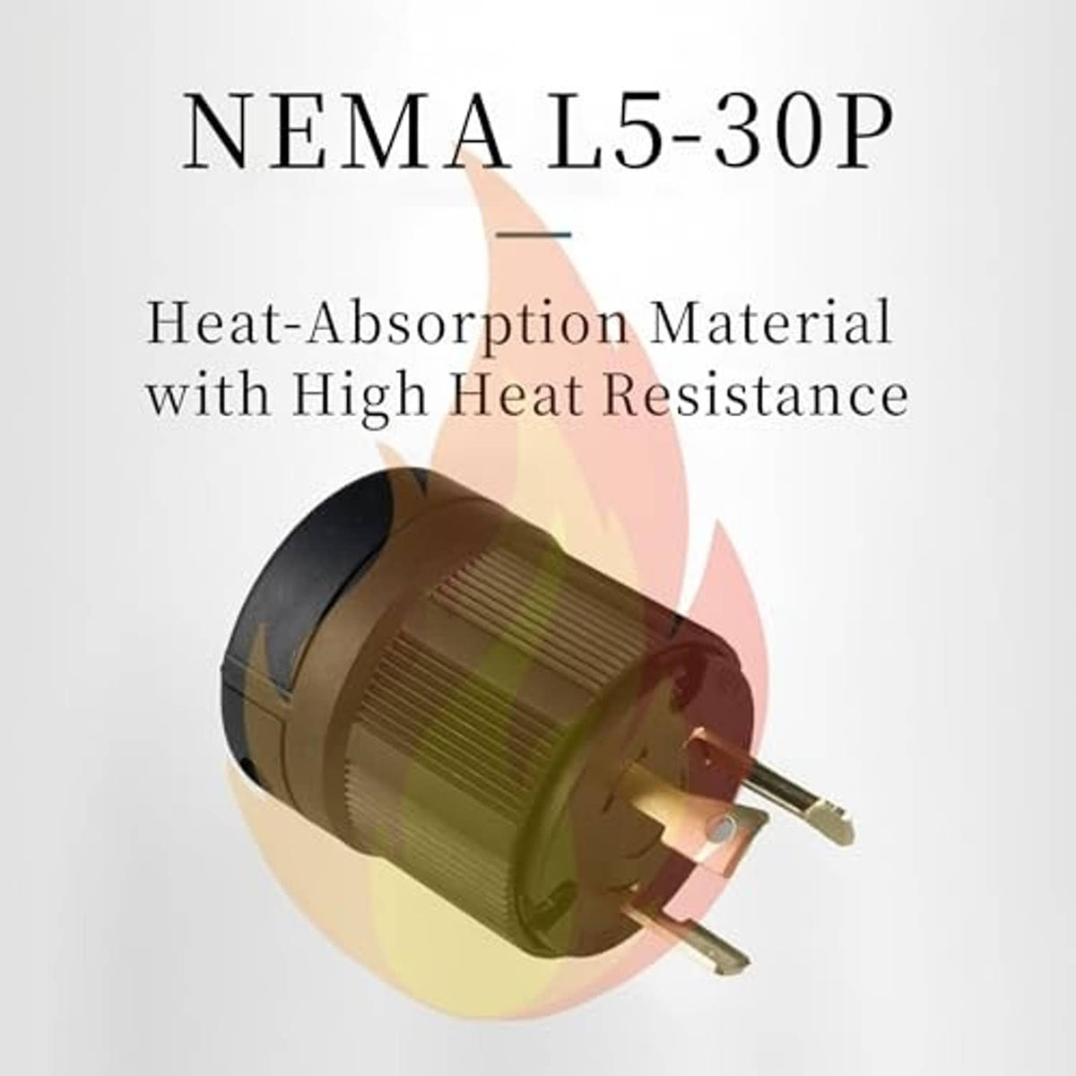 NEMA twist-lock male plug with three gold prongs, black heat-resistant housing
