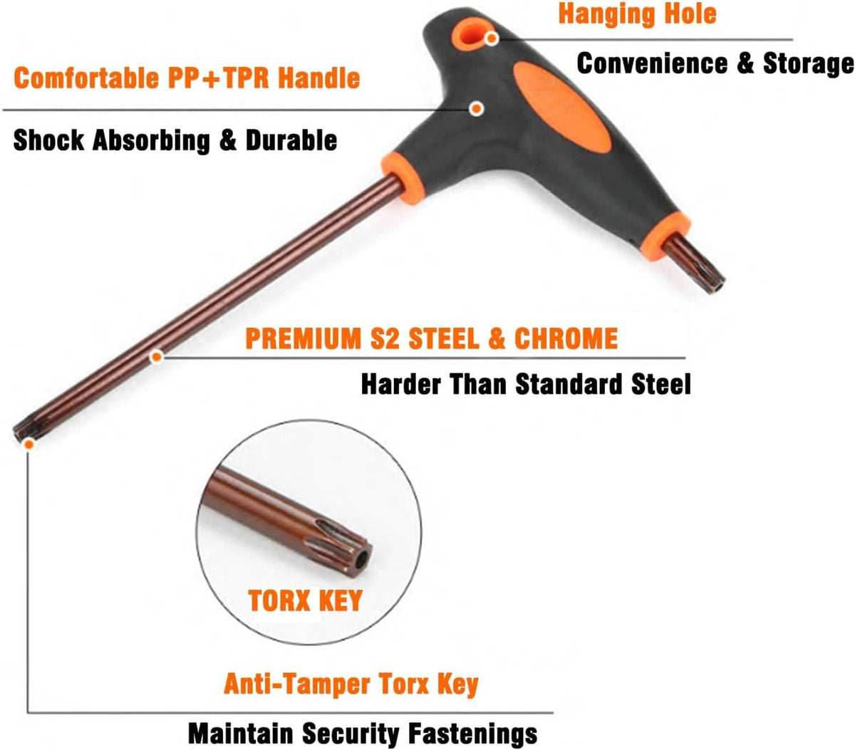 T10 Torx T-handle screwdriver with S2 steel and chrome finish; anti-tamper key design