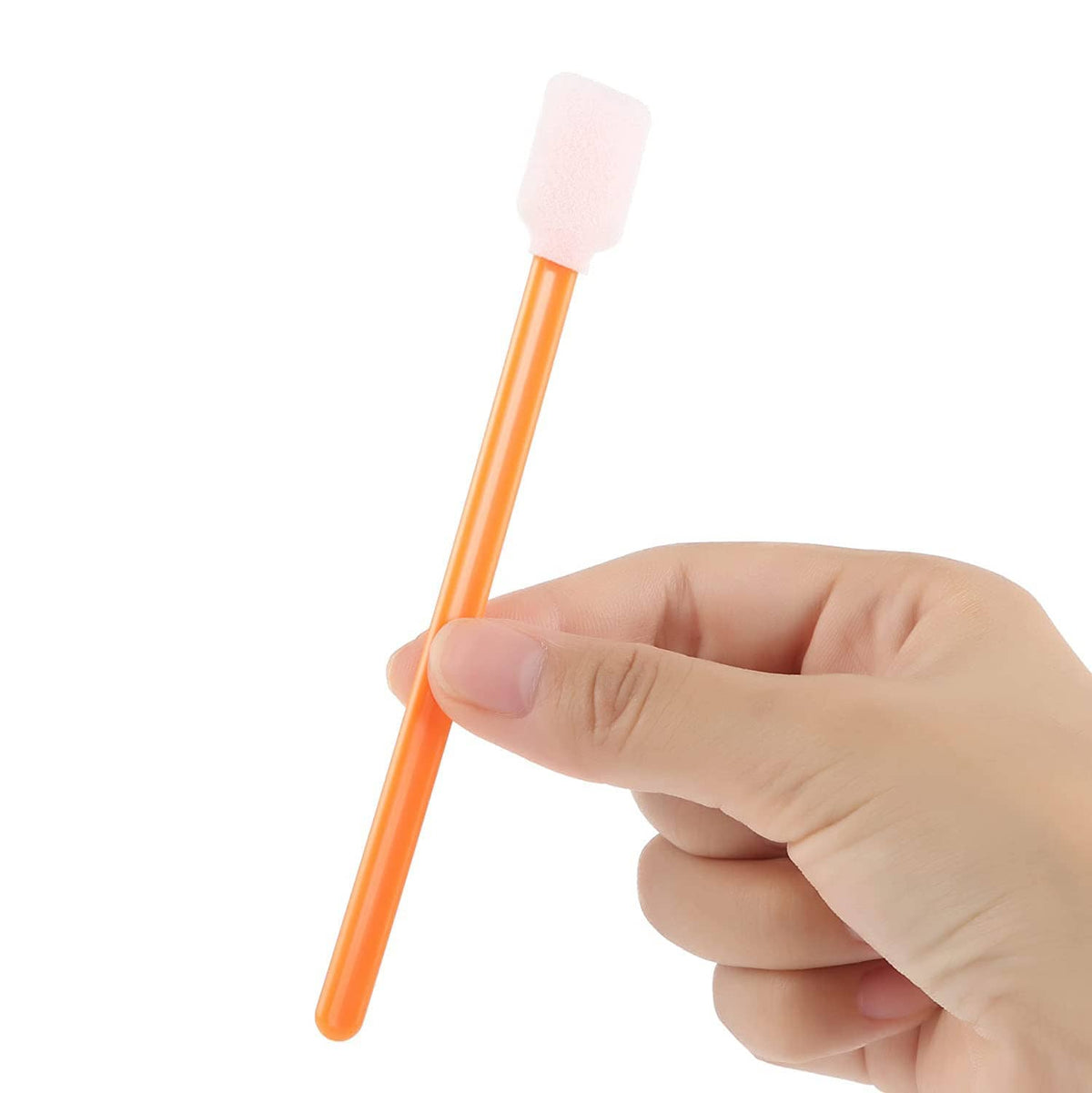 Orange foam stick with white rectangular foam tip held in a hand.