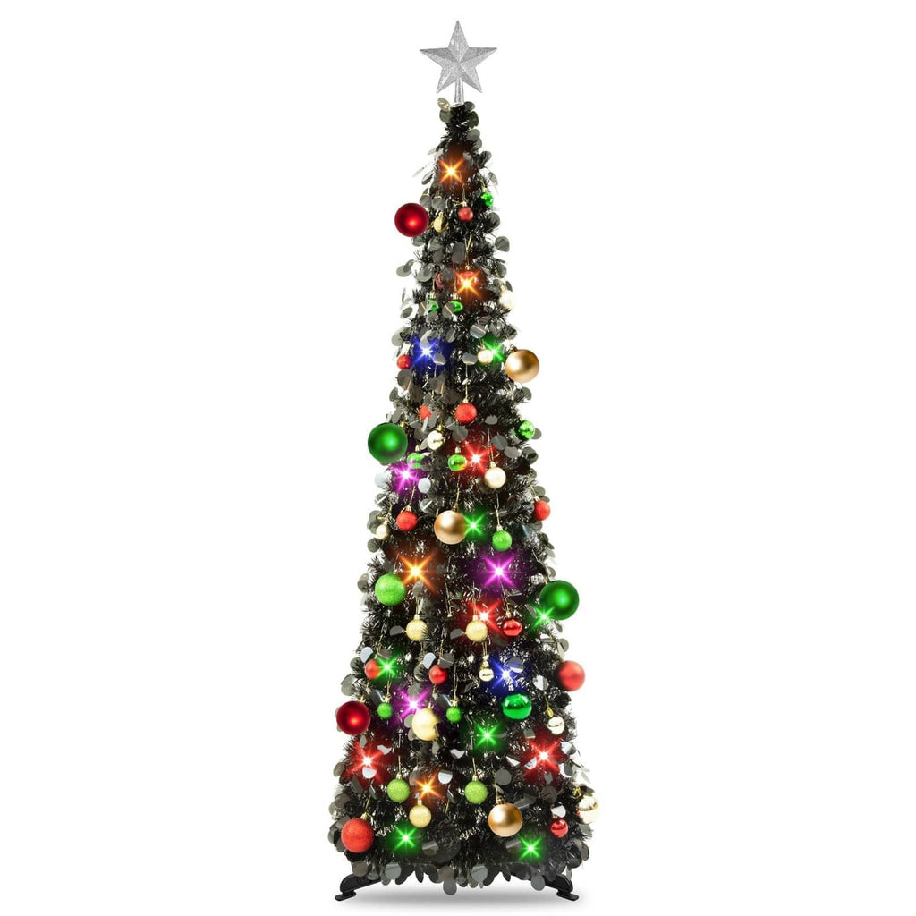 5ft black tinsel Christmas tree with star topper, multicolor lights, and ornaments