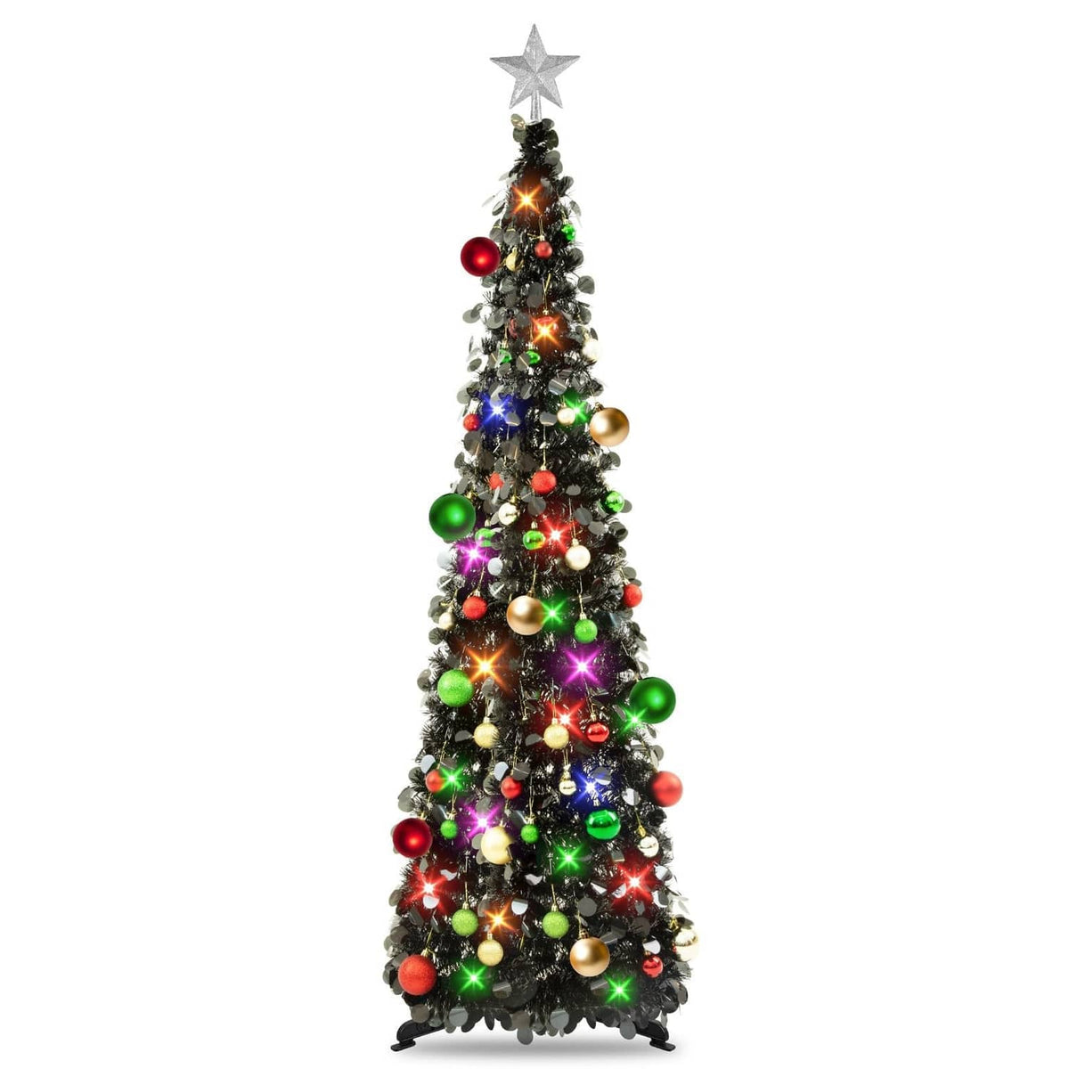 5ft black tinsel Christmas tree with star topper, multicolor lights, and ornaments