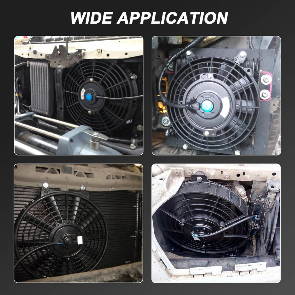 Black radiator cooling fan installed in vehicle engine compartment behind grille