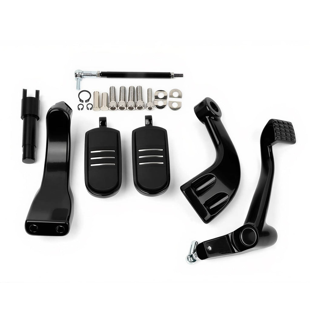 Mid forward footpeg lever kit in black with pedals, rods, and hardware components