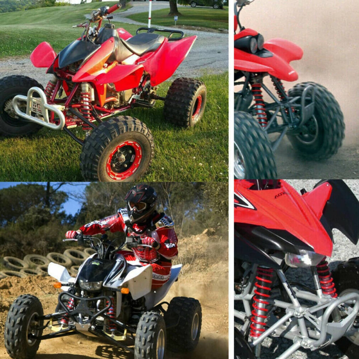 Front shock absorbers installed on an ATV, showing red springs and silver shock bodies